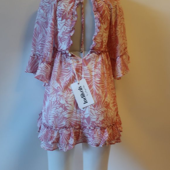 NWT WOMENS INDIKAH ANGEL BIBA PINK WHITE RUFFLED FLORAL V-NECK MINI DRESS S * - Picture 7 of 10